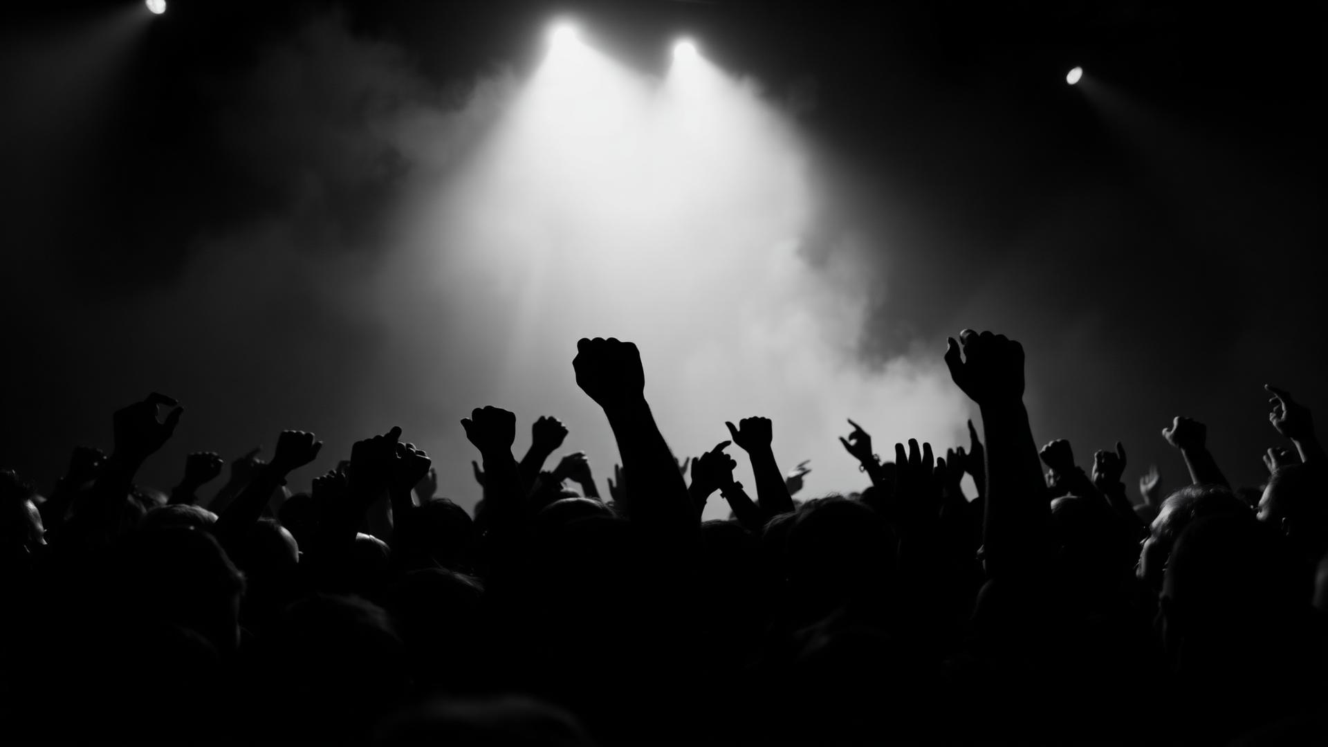 Publik med uppsträckta händer på rockkonsert